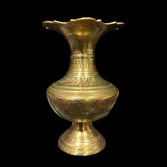 Vintage Etched Brass Vase with Scalloped Rim, Indian Enamel Flower Vase, - Picture 2 of 5